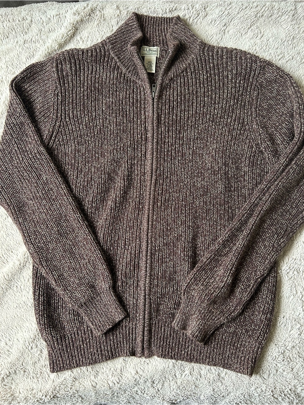 L.L. Bean Men's Heathered Brown Full-Zip Ribbed Sweater